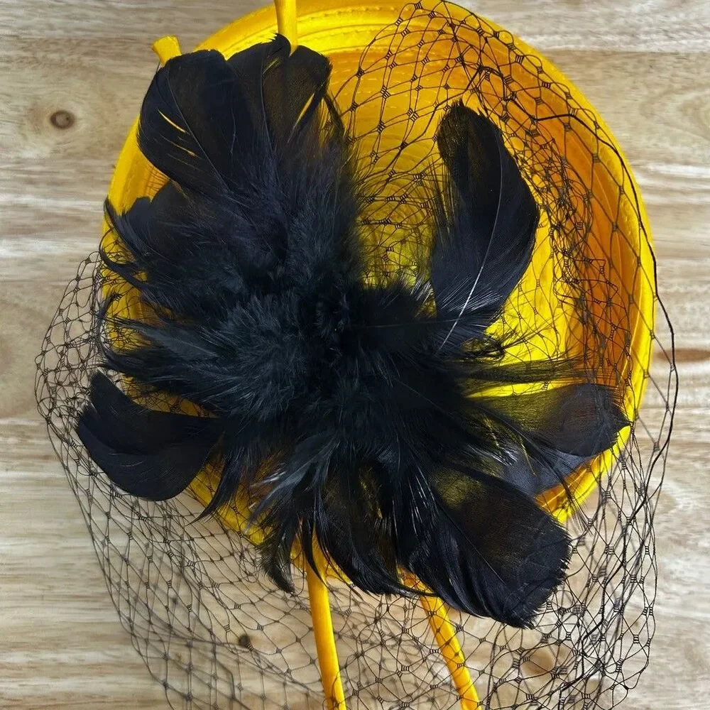 Especially Yours EY Signature Pillbox Hat Yellow Black Feather Veil Fascinator